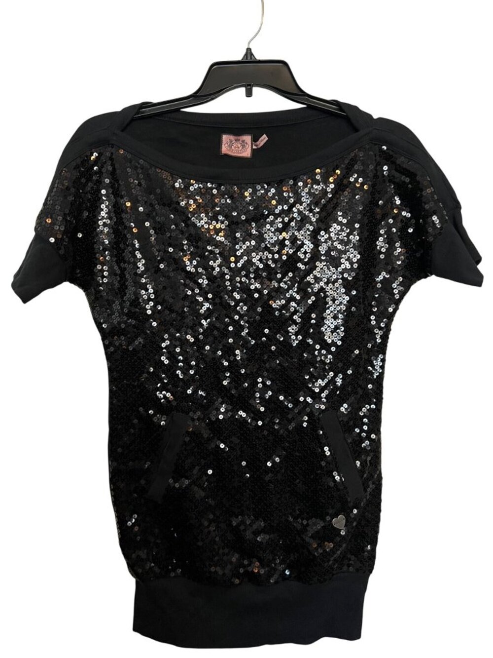 Juicy Couture Black Sequin Short Sleeve Top With Pockets